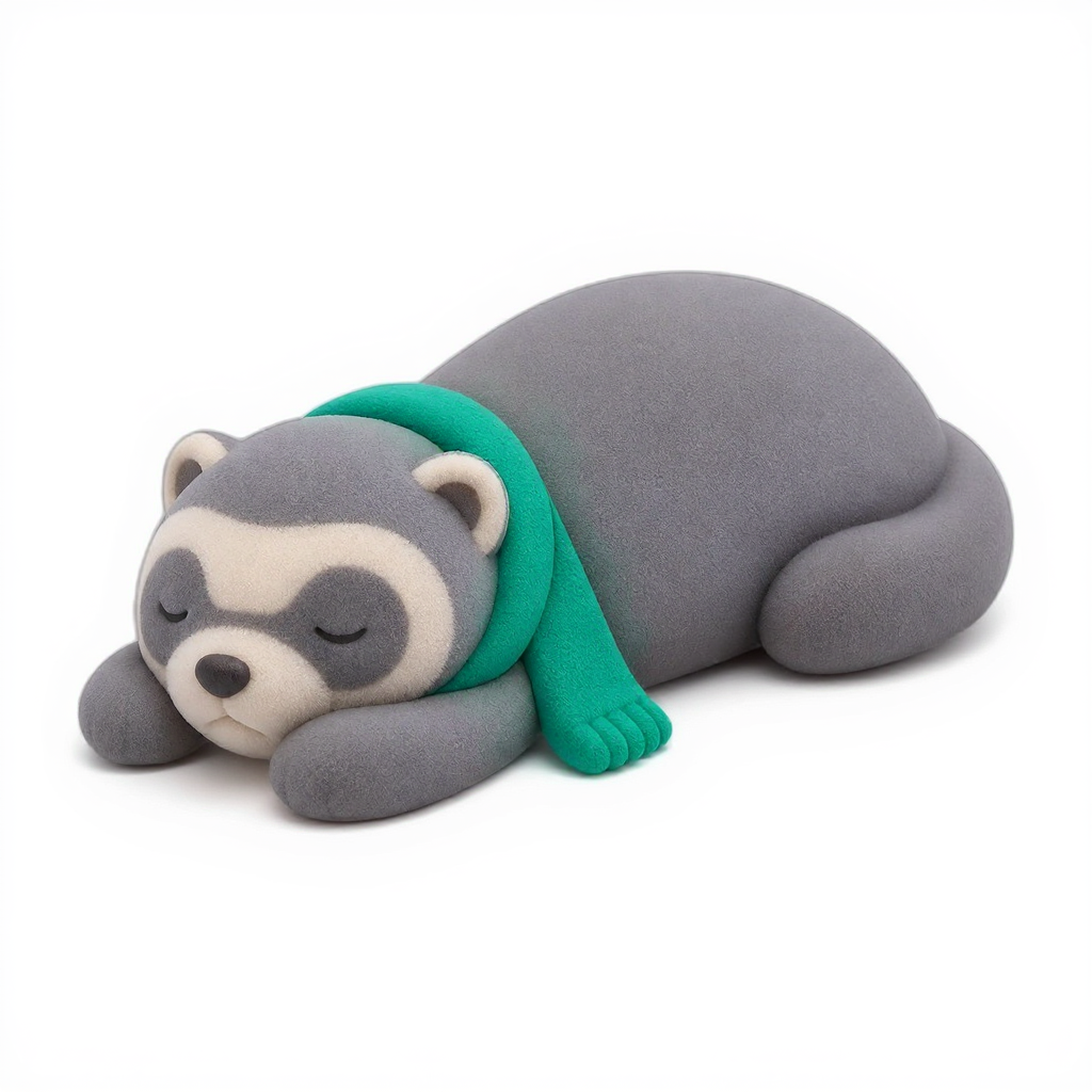 Pebble Snooze — Pebble Snooze is a rounded slate ferret with a cozy deep teal scarf, perfect for snuggling.