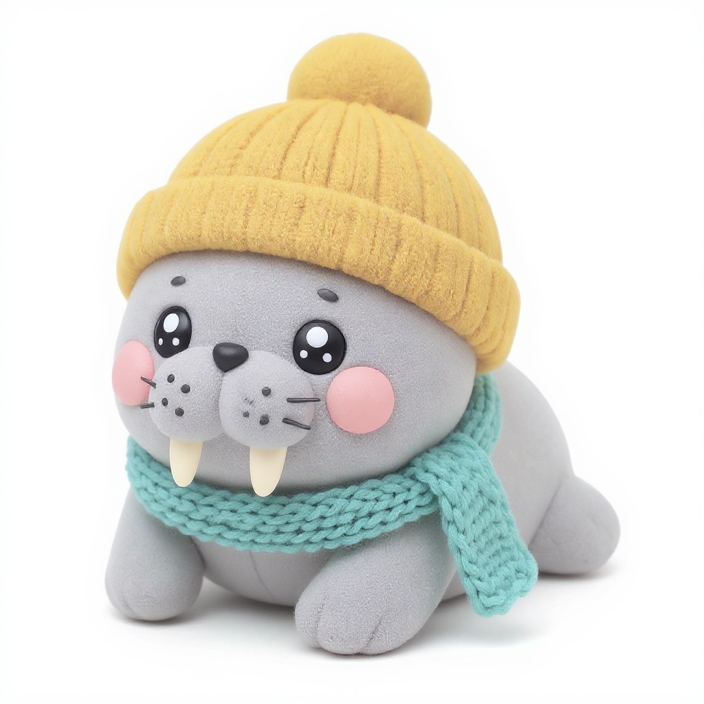 Pebbletusk — Pebbletusk is a huggably round grey walrus sporting a mustard-yellow woolly hat and a cozy teal-blue knitted scarf.
