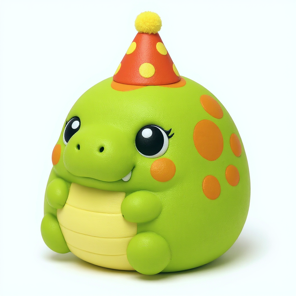 Chonkasaurus — Chonkasaurus is a squishy orange-spotted t-rex with chubby arms and an adorable tiny red polka-dot party hat.
