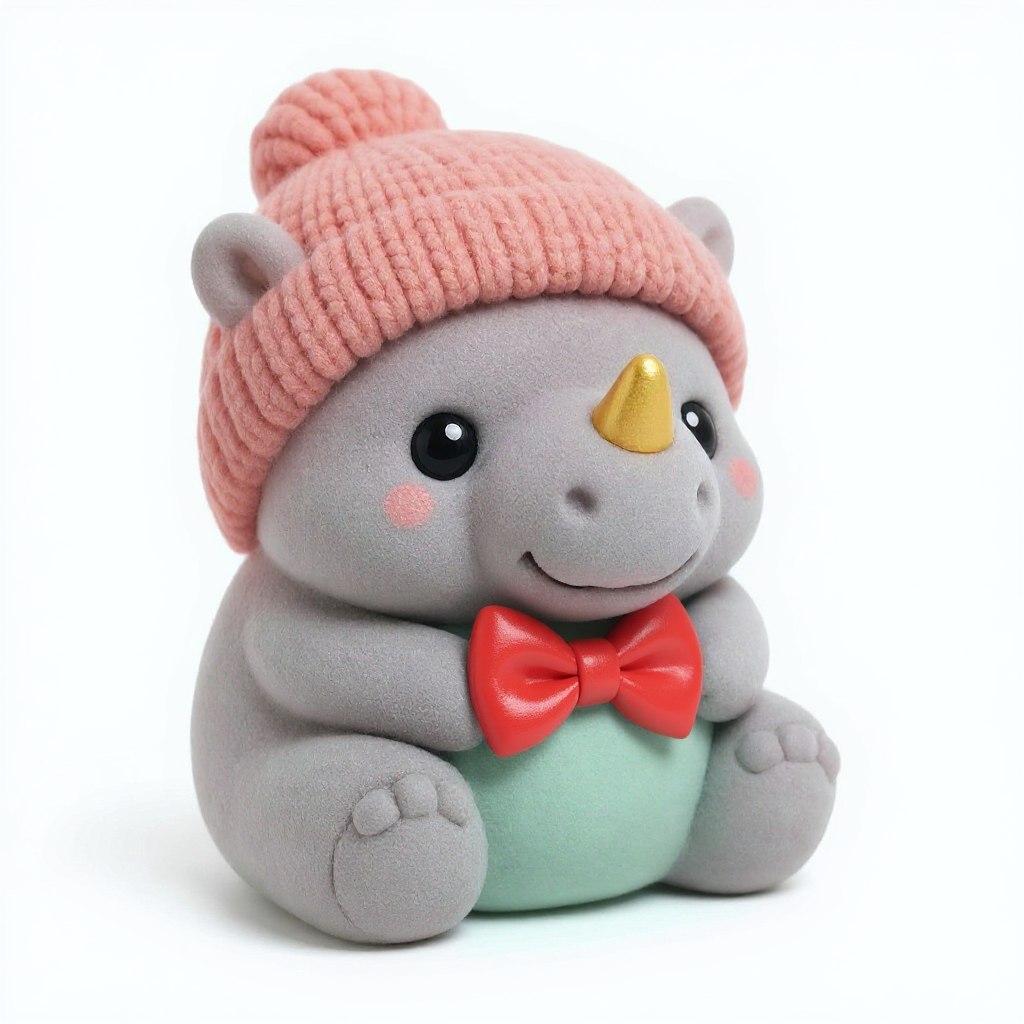 Cobblehorn — Cobblehorn is a huggably round grey rhino sporting a bright coral beanie and a cheerful cherry-red bow tie.