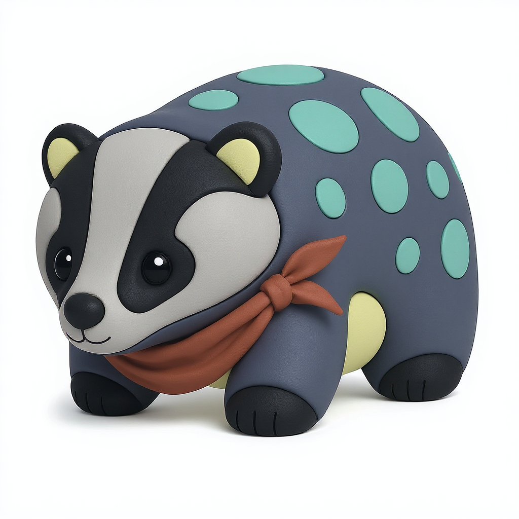 Grey Bandido — Grey Bandido is a squishy slate badger with teal spots and a cute cherry-red bandana—perfect for cuddly fun!