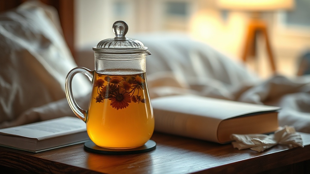 Théière en verre avec infusion de camomille et rooibos alternative sans caféine pour dormir