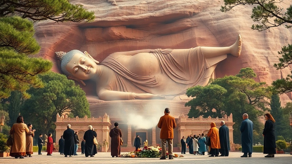 Fidèles bouddhistes en recueillement devant le grand Bouddha couché de Baodingshan à Dazu