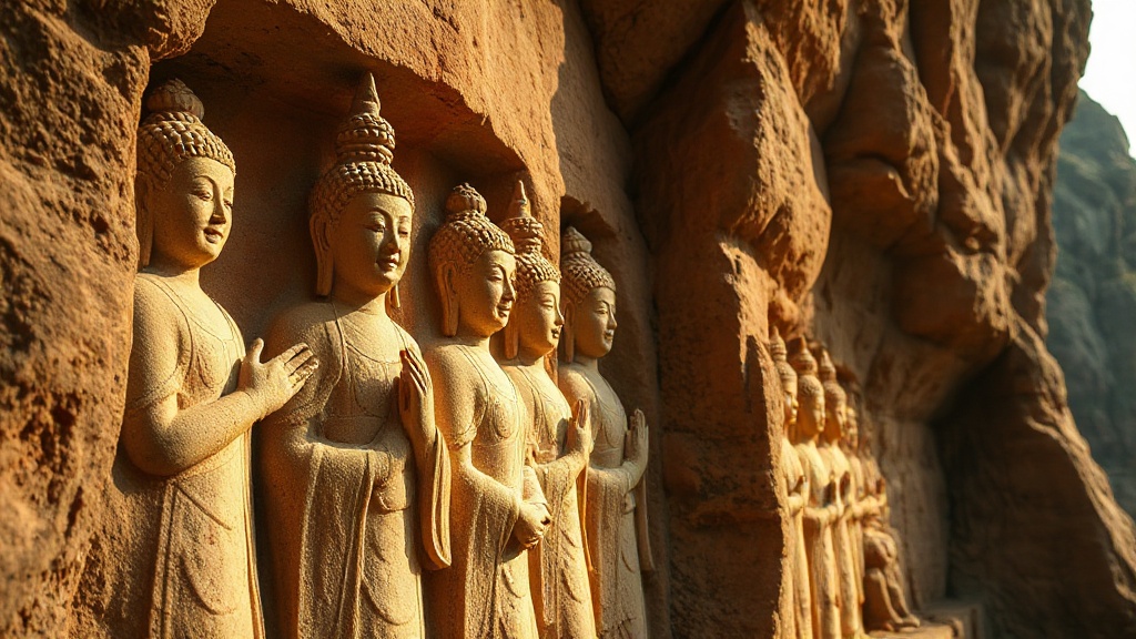 Niches sculptées de Beishan à Dazu montrant des bodhisattvas de style Tang et Song aux détails finement ciselés
