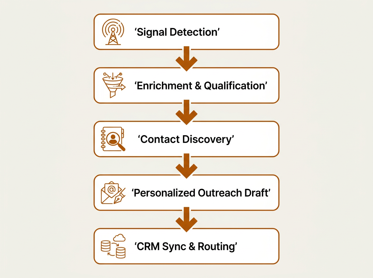 Agentic sales workflow flowchart from signal detection to CRM sync