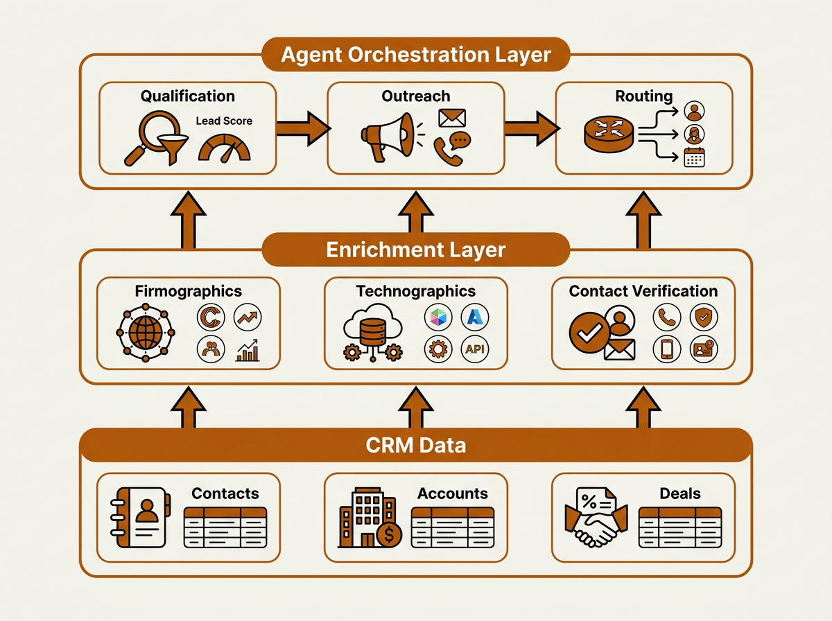 Three-layer agentic sales data architecture diagram showing CRM, enrichment, and orchestration