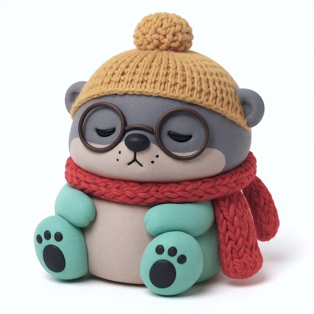 Sir Snooze — Sir Snooze is a rounded slate otter with teal paws, a cozy red scarf, and a cheerful mustard bobble hat.