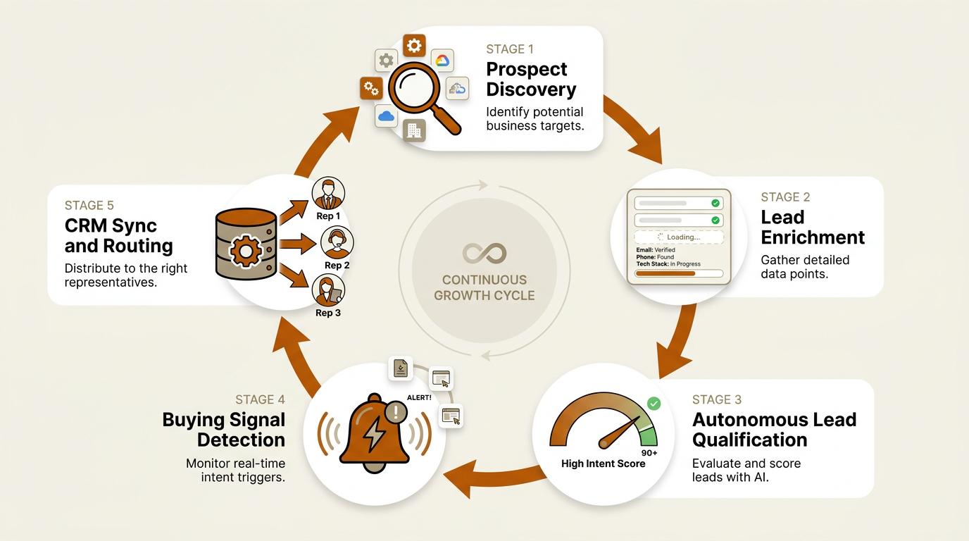 Five-stage circular flowchart of an AI lead agent autonomous prospecting loop