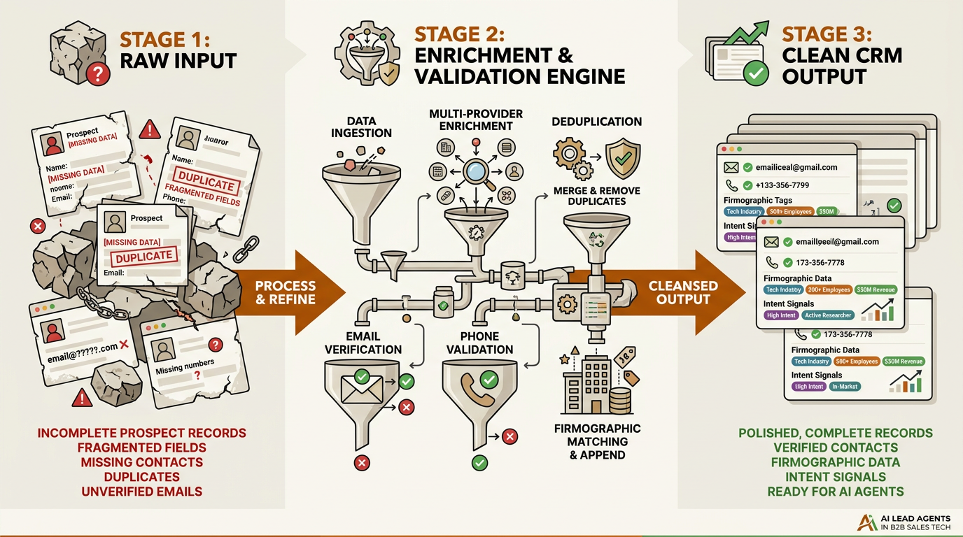AI lead agent data enrichment pipeline from raw records to clean CRM output