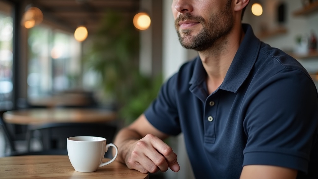 Hombre con polo liso azul navy en terraza urbana