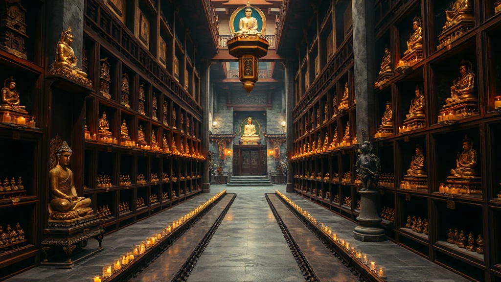 Niches votives et statuettes de Bouddhas dans la salle principale du temple Wanfo Ding