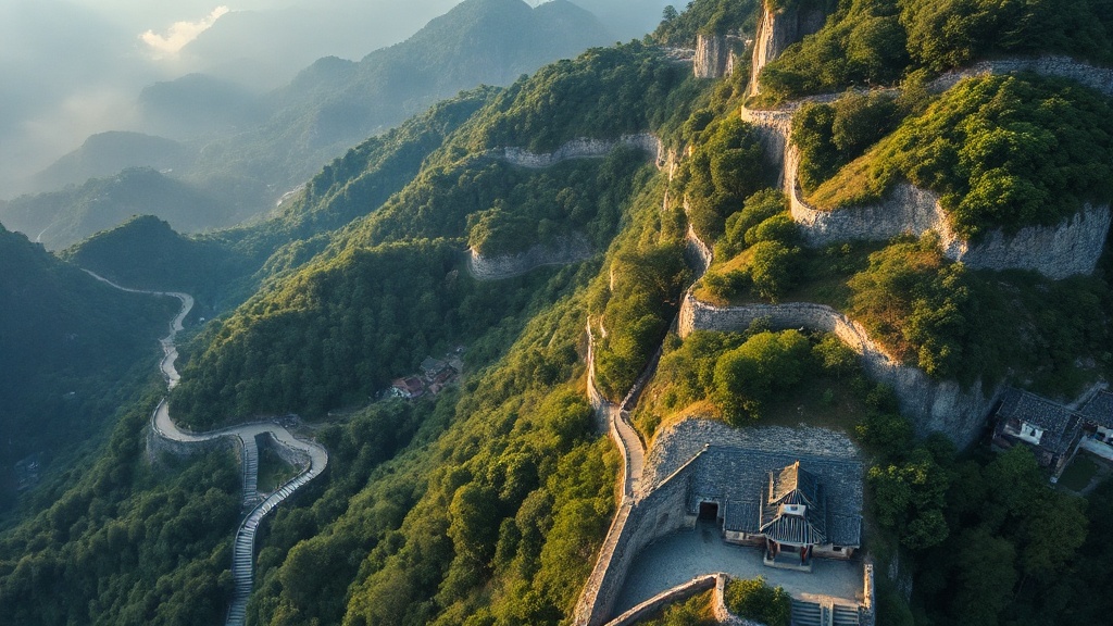 Vue aérienne des sentiers de pèlerinage du mont Emei et de ses temples dans la brume