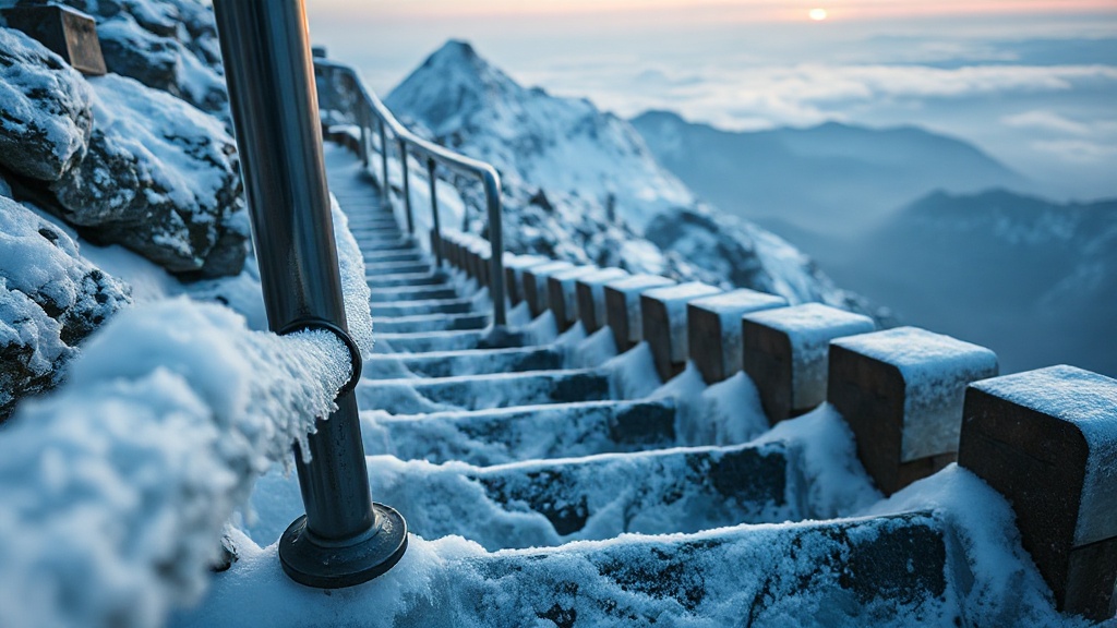 Escaliers verglacés du sentier menant au sommet Wanfo Ding en hiver