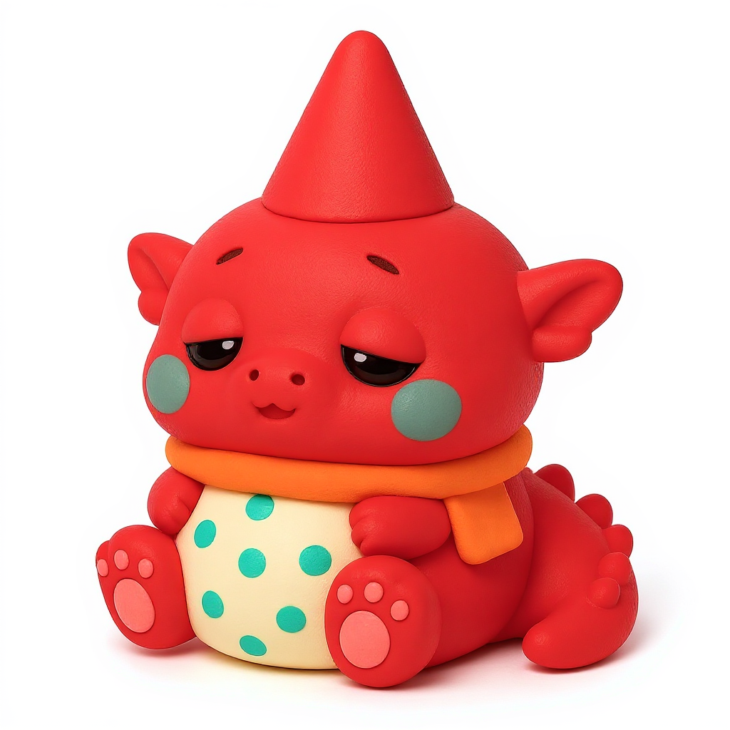 Dottie Flame — Dottie Flame is a huggable red dragon with a cream belly, teal dots, and a cheerful party hat.