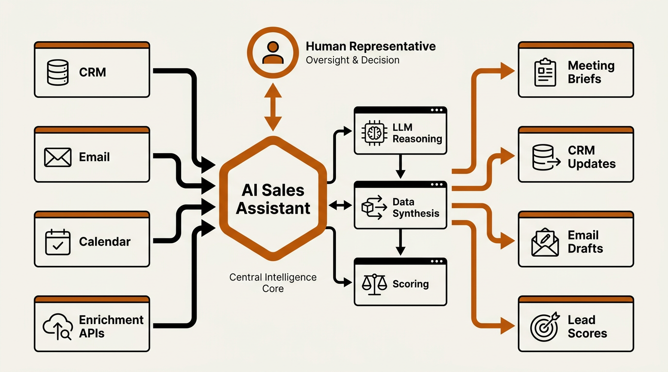 Architecture diagram of an AI sales assistant connecting CRM data sources to rep workflows
