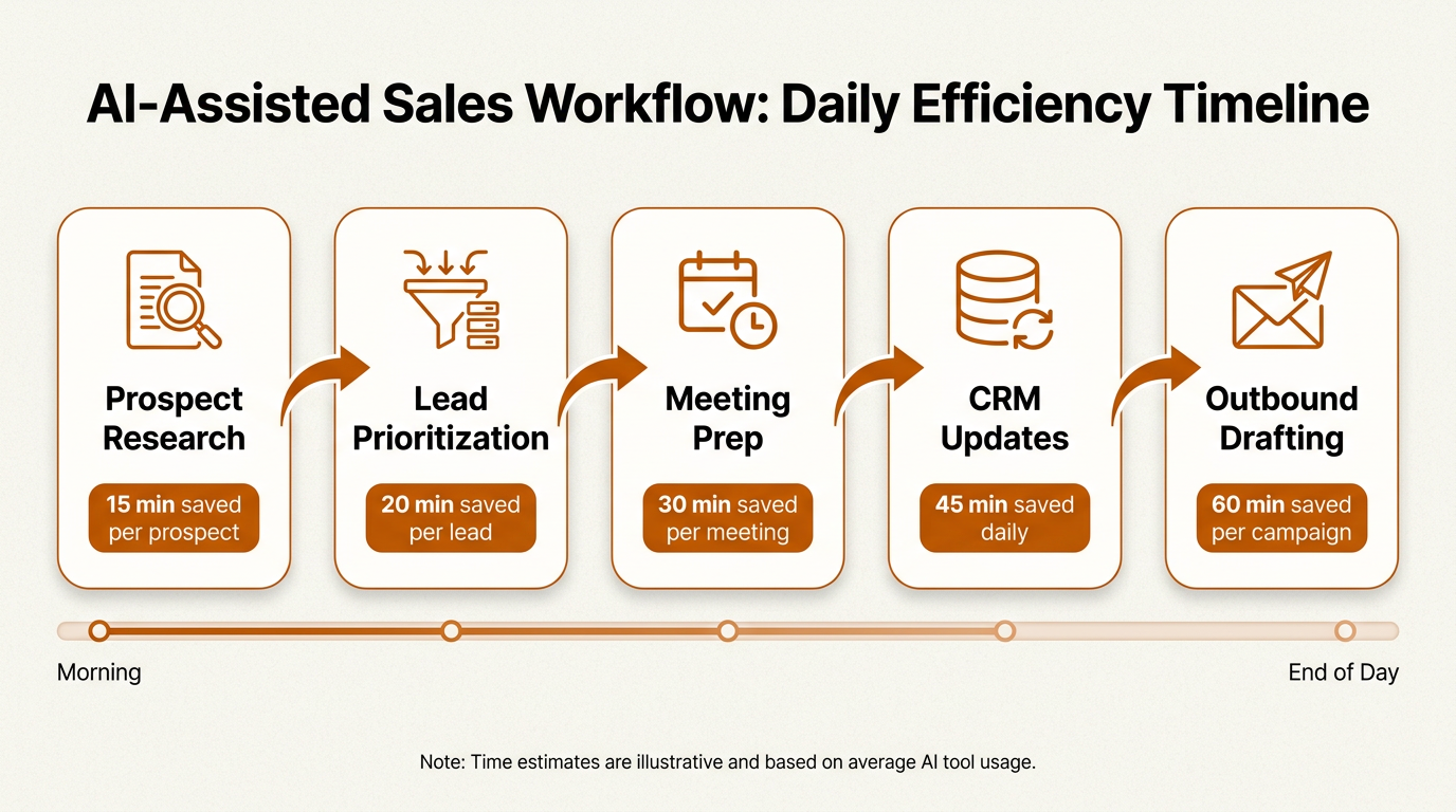 AI sales assistant workflow timeline showing time saved across five daily tasks