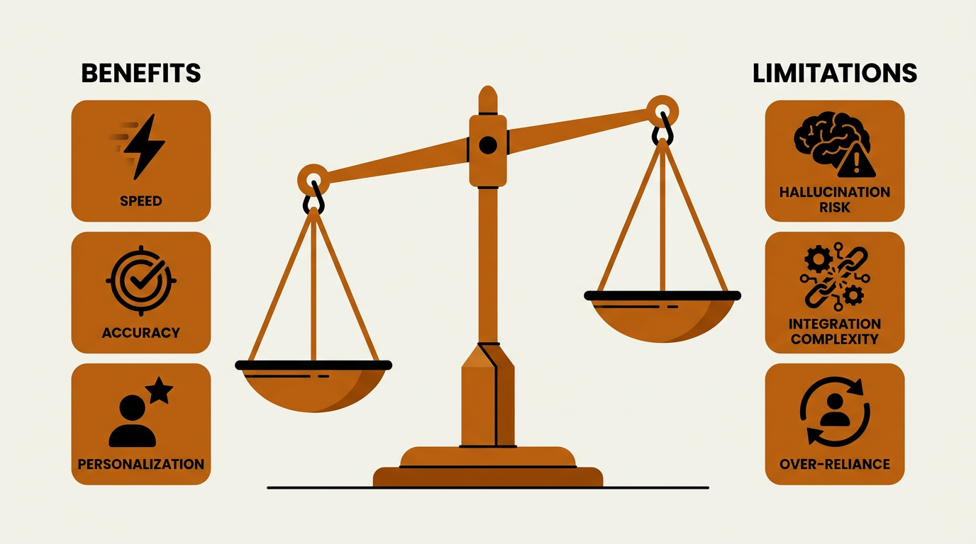 Balanced scale infographic weighing AI sales assistant benefits against limitations