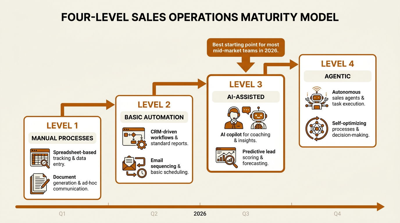 Sales operations maturity model diagram showing four levels from manual to agentic AI
