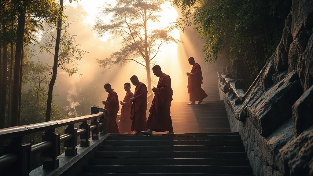 Pèlerins bouddhistes gravissant les marches du mont Emei, site sacré voisin de Leshan