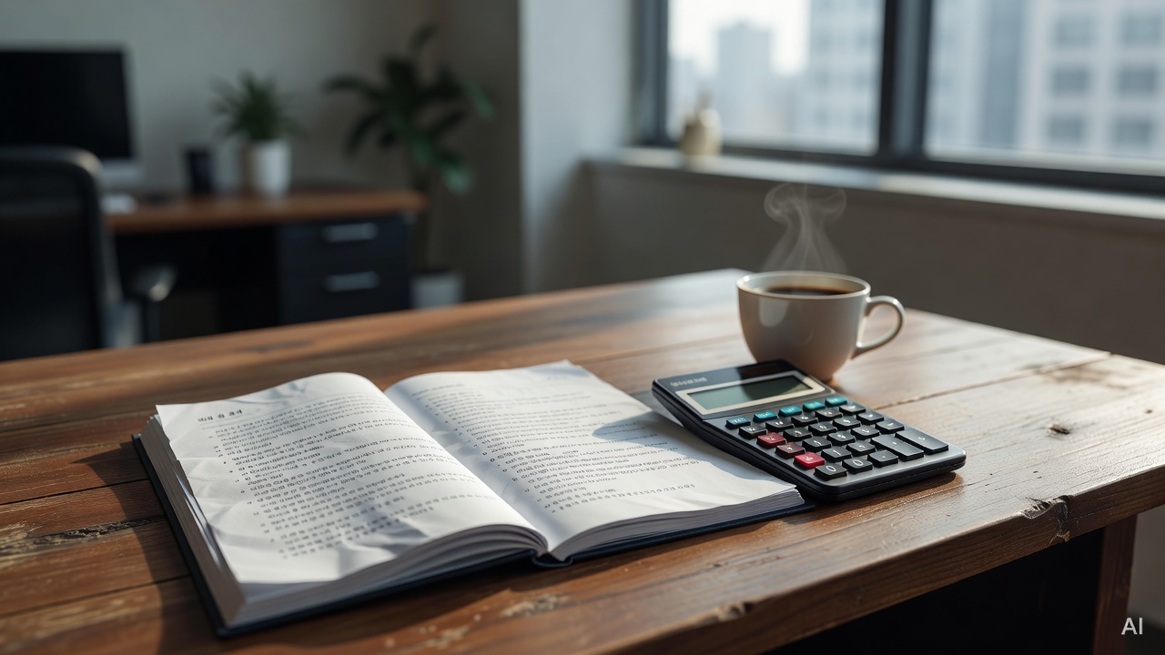 open legal document and calculator placed on a wooden desk with a cup of coffee