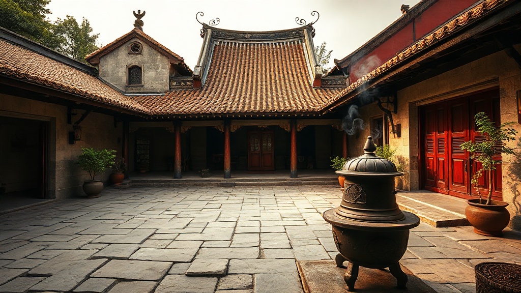 Cour intérieure d'un temple bouddhiste de Fuzhou tôt le matin, brûleur d'encens et toitures à double courbe
