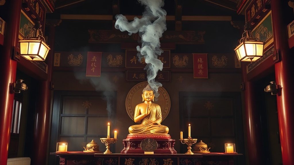 Salle principale d'un temple Chan avec statue de Bouddha Shakyamuni dorée en position de méditation et fumée d'encens