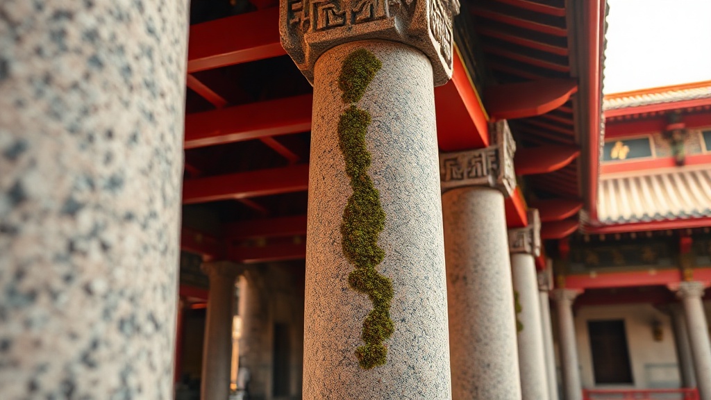 Colonnes en granit d'un temple bouddhiste Chan du Fujian, détail architectural typique du style min