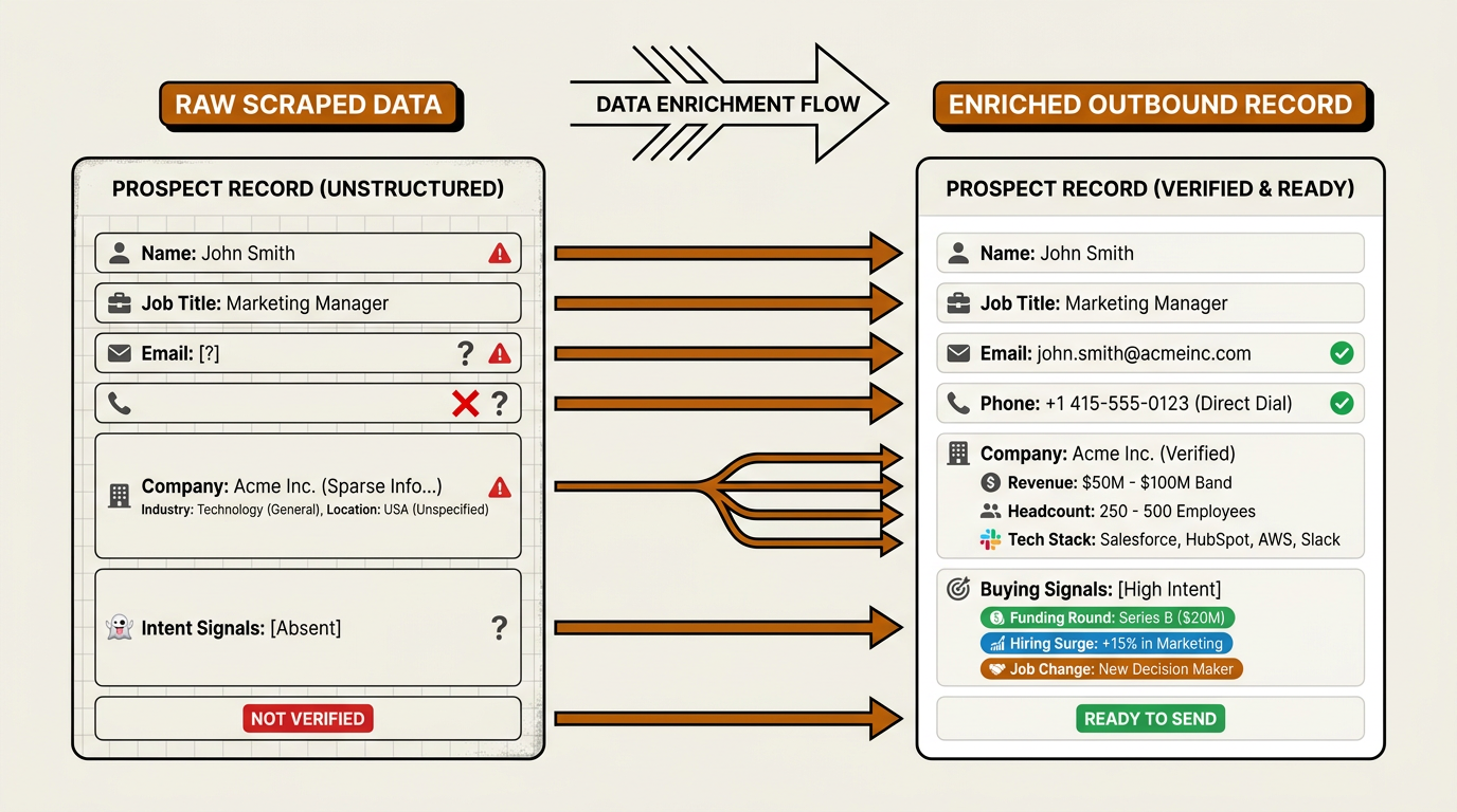 Raw scraped data vs enriched outbound-ready prospect record comparison infographic