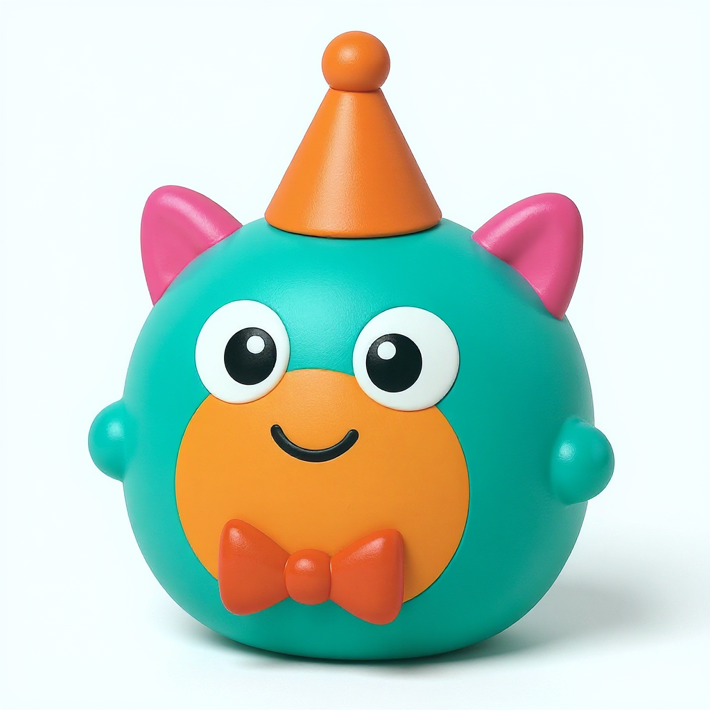 Bowtie Toot — Bowtie Toot is a cuddly pink squishy with hot pink ears and a cheerful orange party hat.