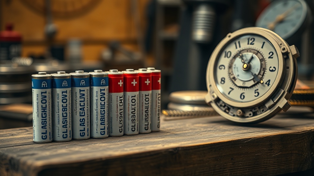 Lithium and alkaline AA batteries compared beside a quartz clock movement on a workbench