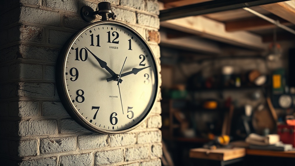 Large metal open-face wall clock mounted on brick wall in an industrial garage workshop