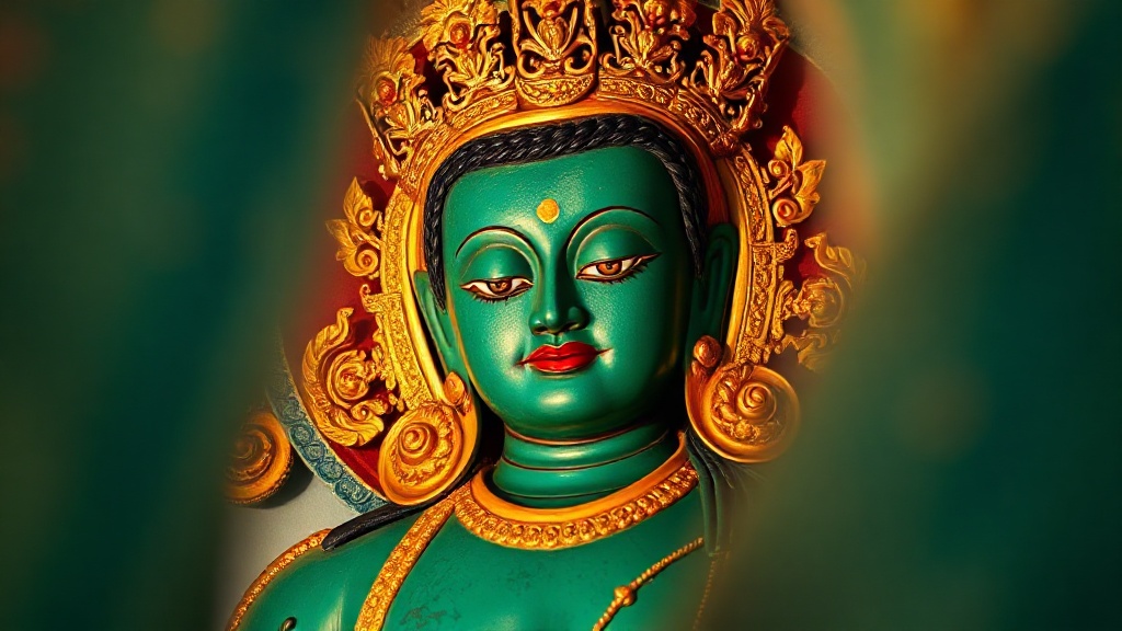 Détail d'un thangka représentant Tara Verte avec ornements dorés sur fond turquoise
