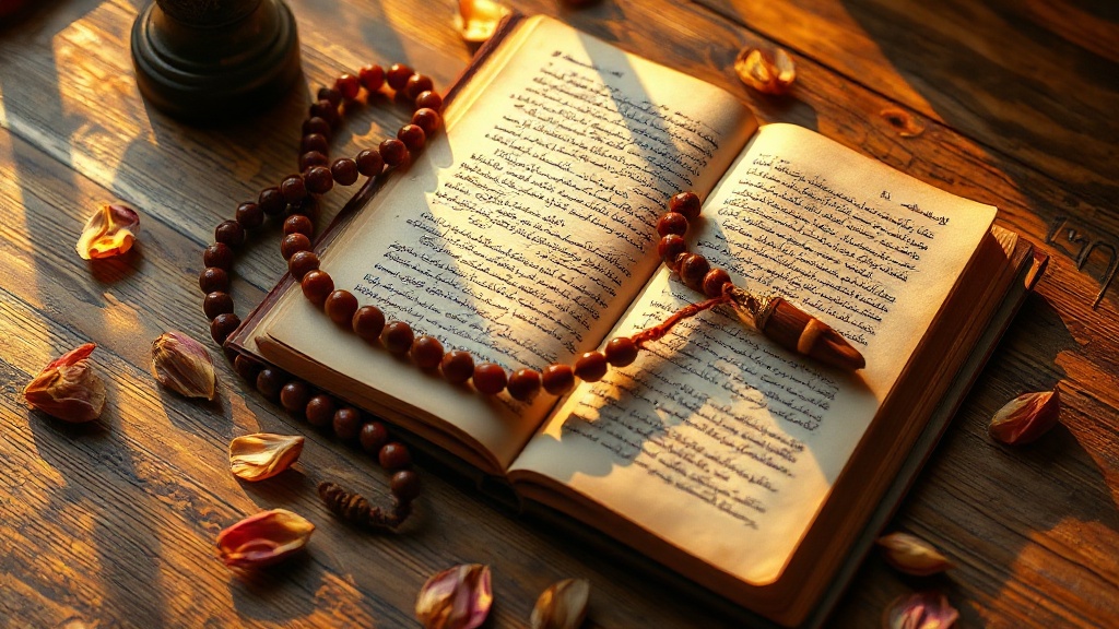 Mala tibétain posé sur un manuscrit ancien avec des pétales de lotus séchés