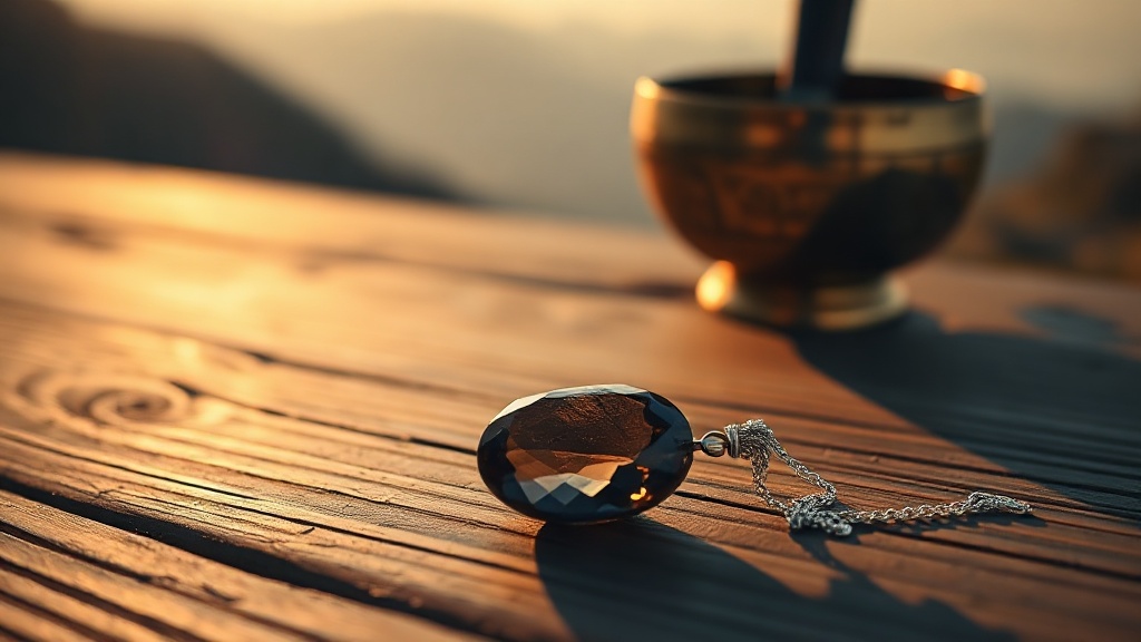 Smoky quartz pendant necklace on a wooden meditation altar beside a brass singing bowl