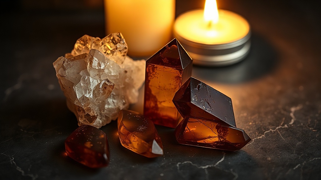 Smoky quartz points and raw cluster on dark slate, backlit by warm candlelight