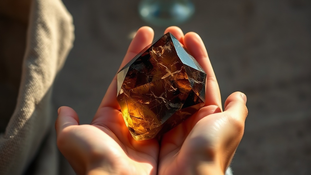 Polished smoky quartz palm stone held in cupped hands, warm natural sidelight