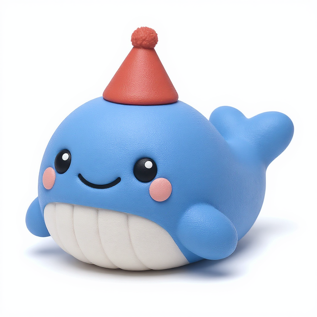 Wally Whale — Wally Whale is a soft, rounded squishy pal sporting a tiny red party hat for extra cuddly fun.