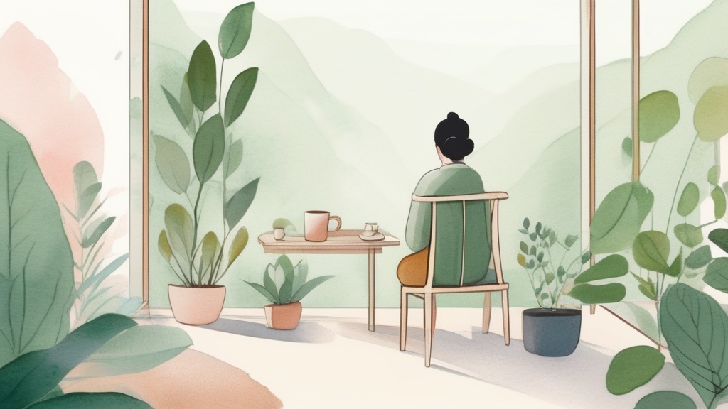 Illustration zen d'un espace de travail apaisant avec lumière naturelle et plantes vertes, symbolisant la prévention du stress au travail