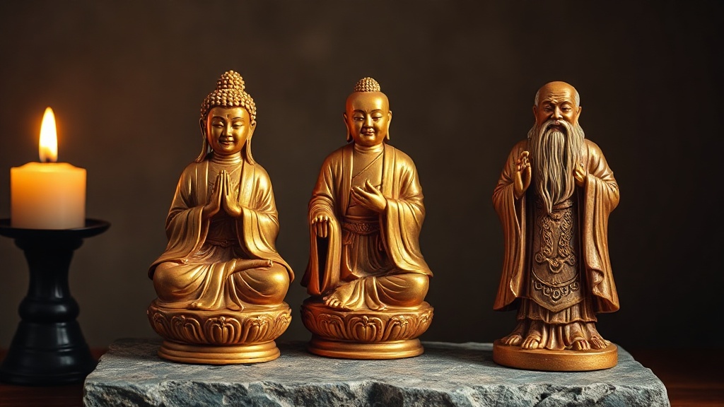 Statues représentant Bouddha, Laozi et Confucius côte à côte dans la salle des Trois Religions du Xuankong Si