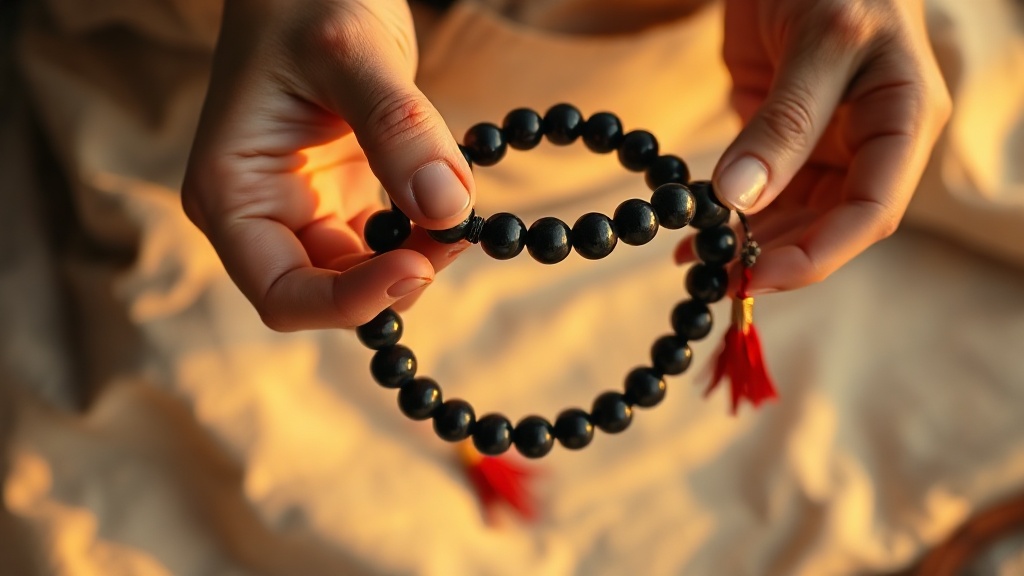 Hands holding traditional Japanese juzu prayer beads with silk tassels during meditation