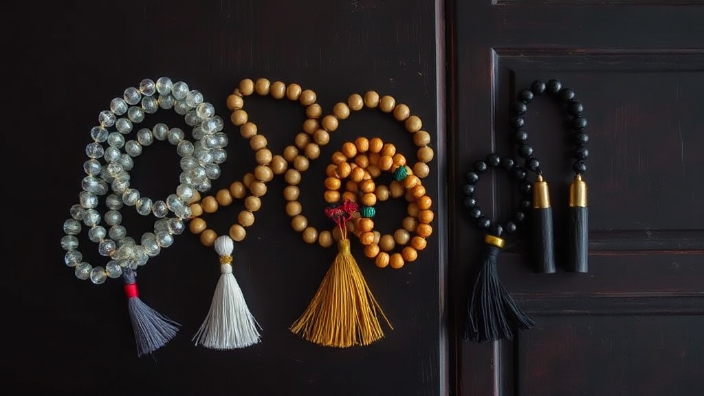 Three different types of juzu beads in crystal, sandalwood, and lacquered wood arranged for comparison