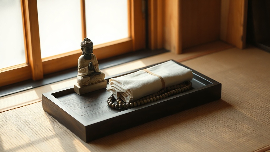 Japanese Buddhist home altar shelf with juzu beads, figurine, and folded cloth