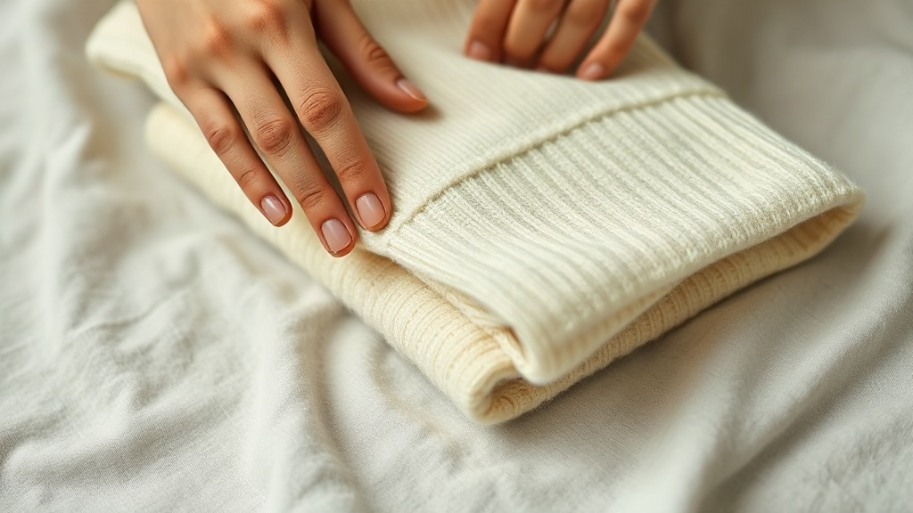 Hands testing the softness and hand-feel of a folded ivory cashmere sweater on a linen surface