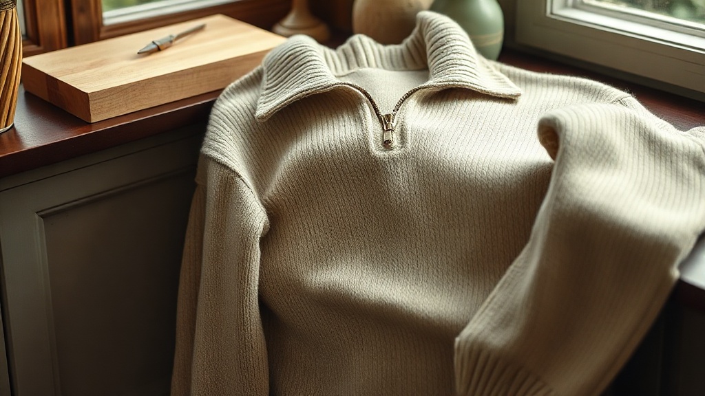 Cream cashmere half-zip sweater draped over a dark wood drawer with cedar block and tissue paper for proper storage