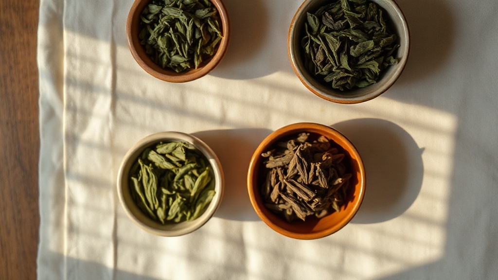 Comparaison de feuilles de thé vert sencha, gyokuro et bancha dans des coupelles en céramique