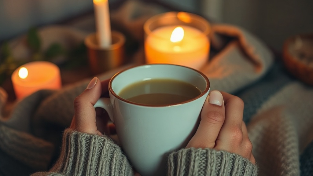 Mains tenant une tasse de thé vert chaud le soir à la lueur d'une bougie