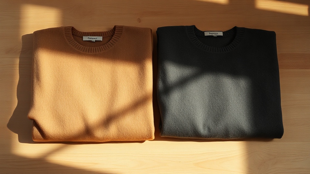Two folded cashmere sweaters in camel and charcoal grey laid side by side on a wooden surface