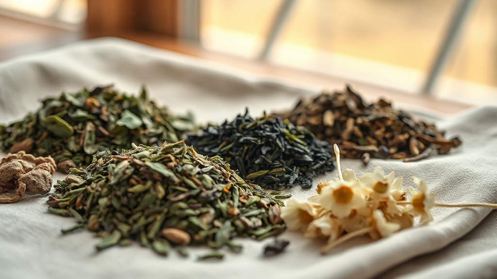 Variétés de thé et plantes séchées pour infusion du soir sur tissu lin