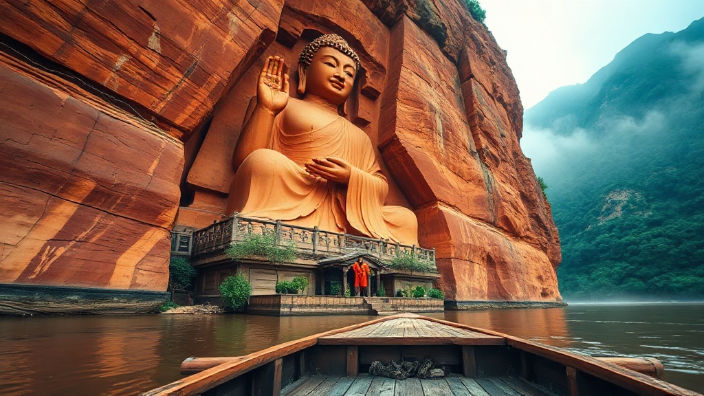 Grand Bouddha de Leshan sculpté dans la falaise de grès rouge, vu depuis la rivière Min Jiang, Sichuan, Chine