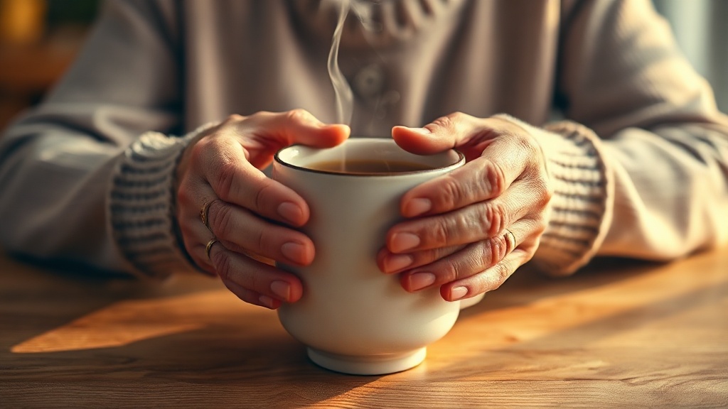 Mains tenant une tasse de tisane chaude le soir à la lumière dorée